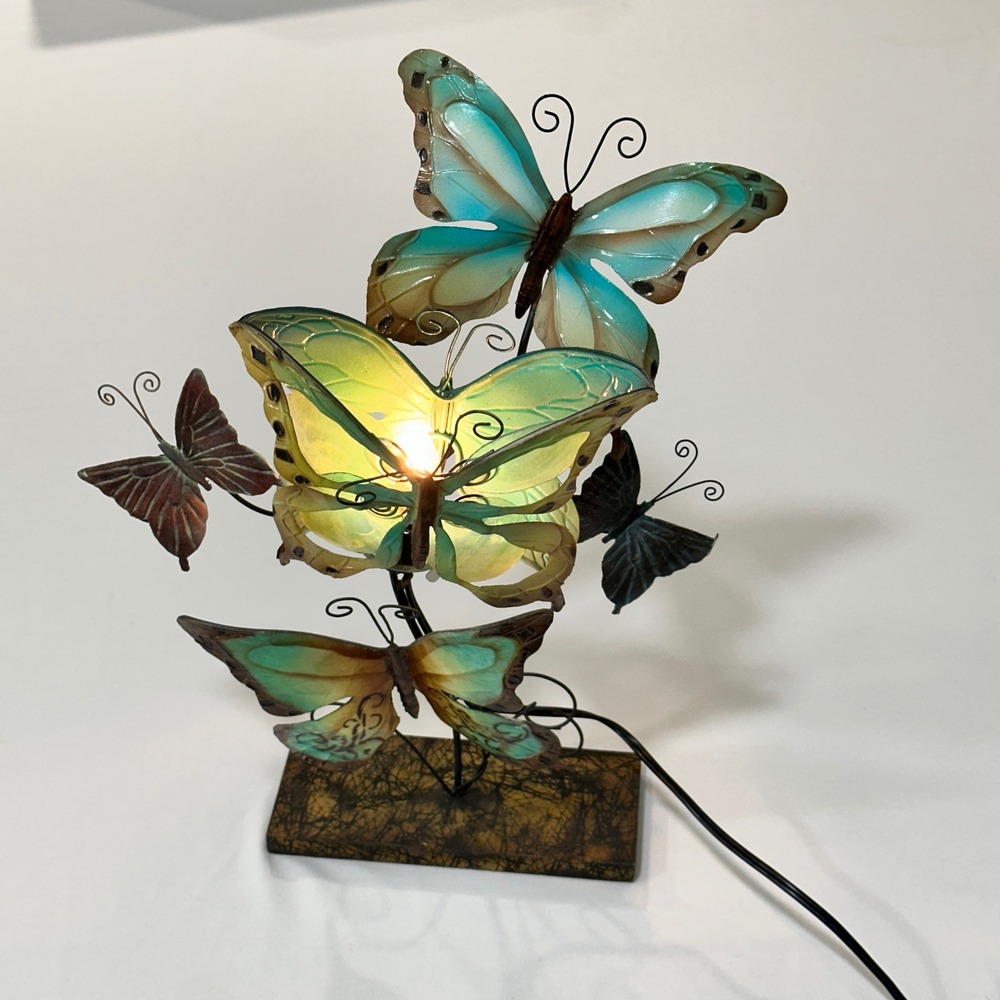 Handcrafted Butterfly Garden Accent Lamp Capiz Shell Teal Blue Night Light 15"